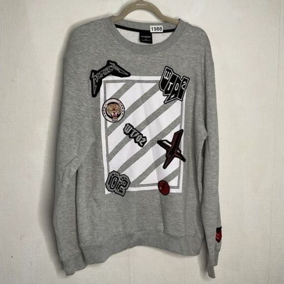WT02 Embroidered Patched Logos CrewNeck Streetwear Sweatshirt Men Size XL Gray - Picture 1 of 10